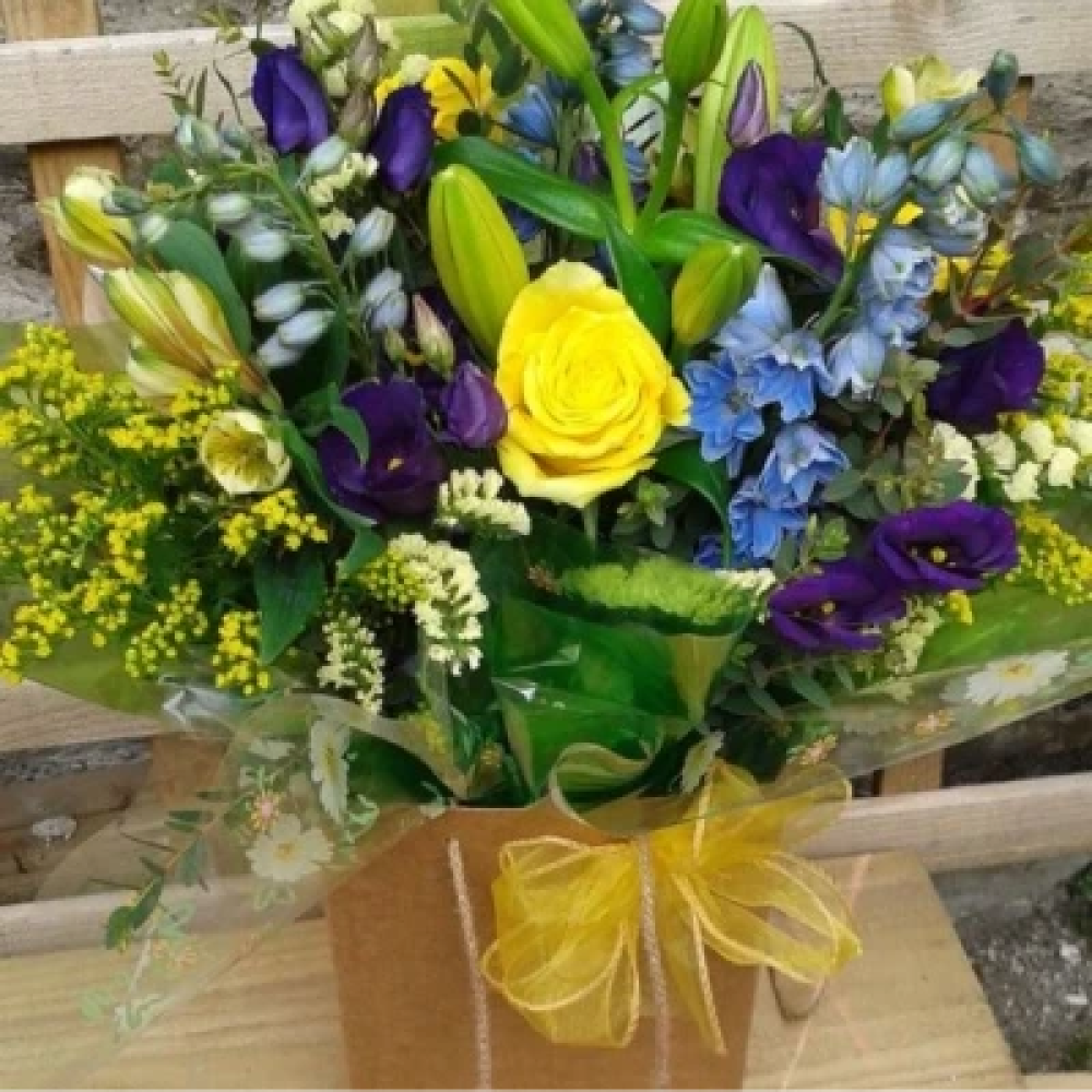 Sunshine and Blue flower box including lily -