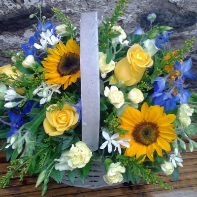 sunshine and blue basket - yellow and blue fresh flowers in a beautiful basket.