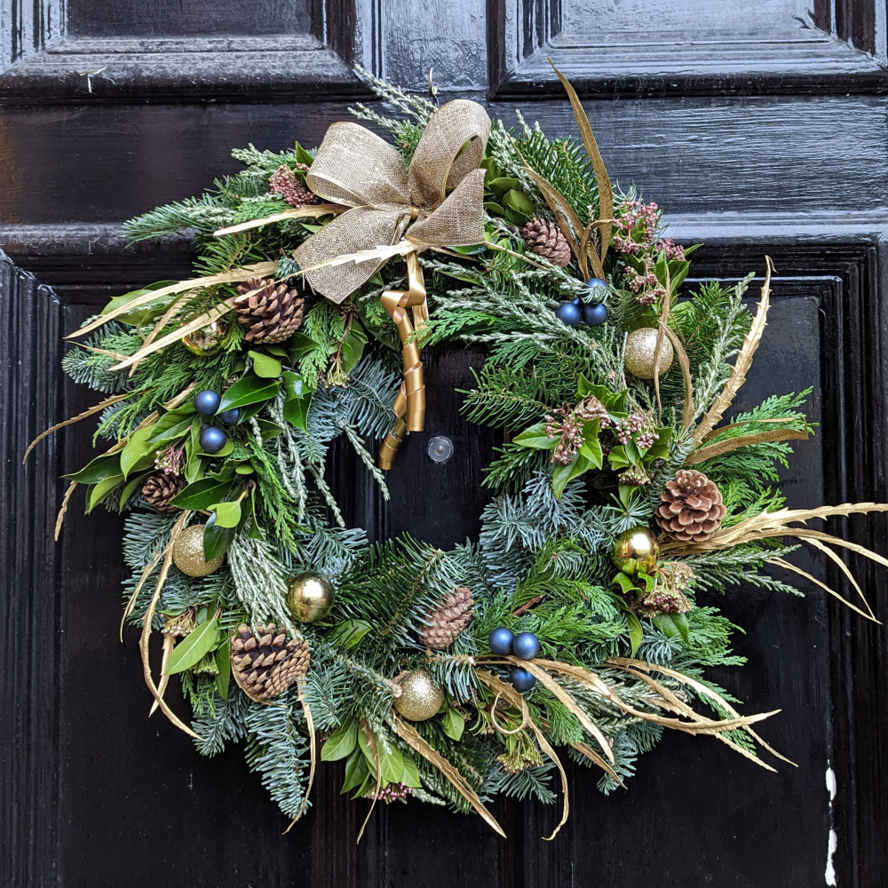 Blue and Gold Christmas Door Wreath