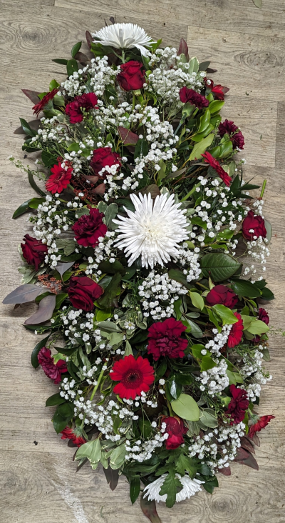 Red and white coffin spray - Classic combination of red and white flowers double ended coffin spray